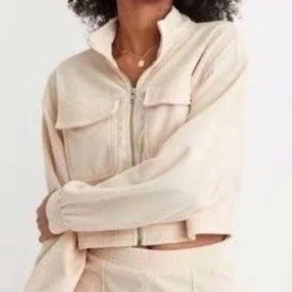 Aerie Womens XS Cream Beige Corduroy Cropped Full‎ Zip Utility Jacket Mock Neck